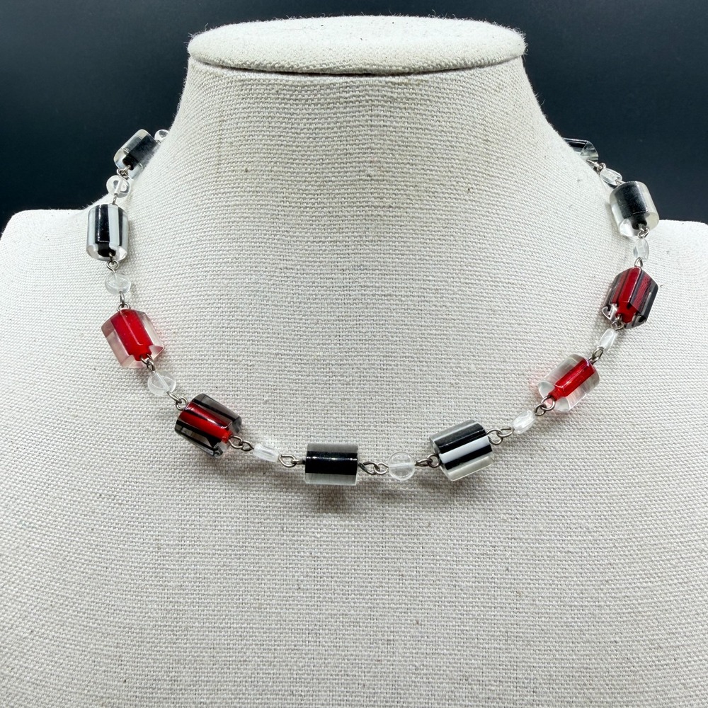 Red Black Clear Art Glass Bead Necklace Geometric Cube Toggle Statement Jewelry